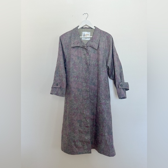 Vintage London Fog-Floral Trench Coat Woven by Wamsutta -Muted Purple/Green- 10P - Picture 1 of 15
